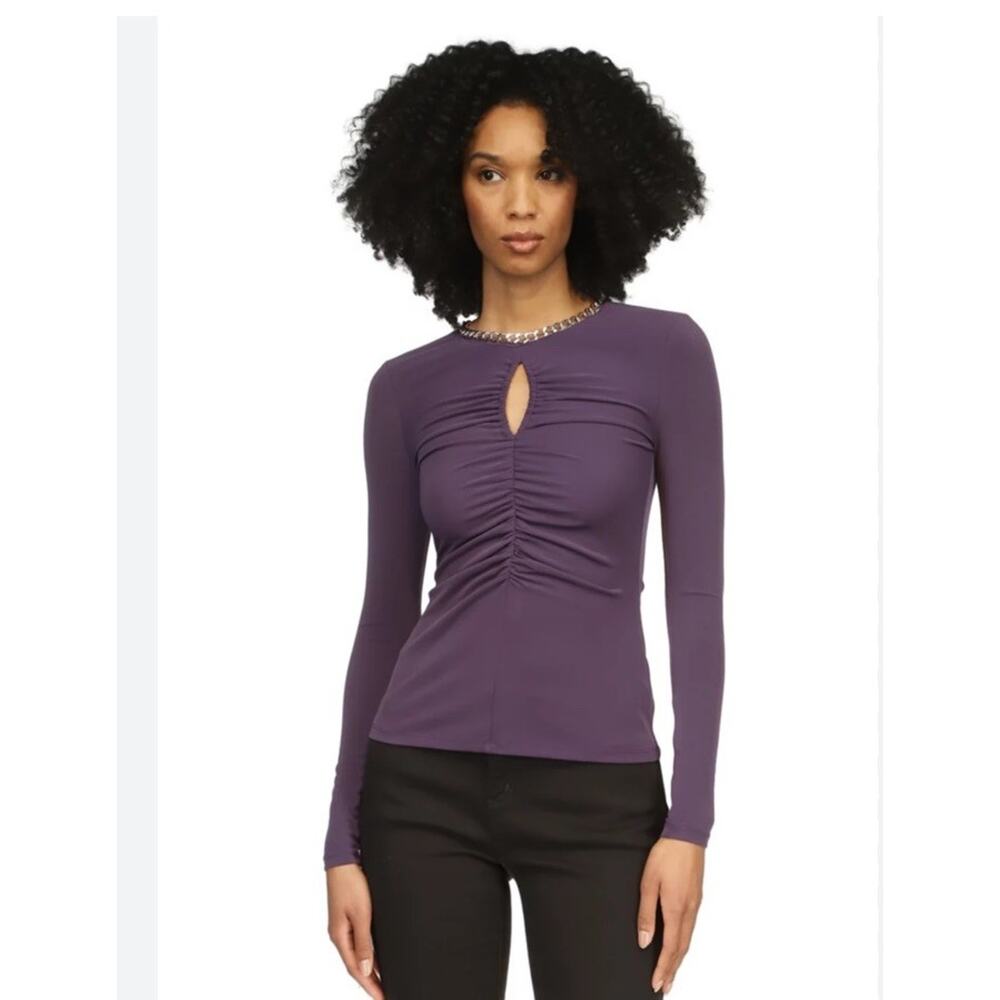 NWT MICHAEL Michael Kors Womens Blouse Top Mesh Stretch Keyhole Chain neck XS